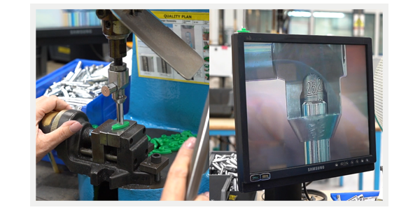 The depth rod on a TDG16 Tread Gauge being set using a monitor